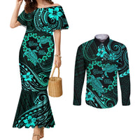 Polynesian Turtle Valentine Couples Matching Mermaid Dress and Long Sleeve Button Shirt You And Me Turquoise Hibiscus Heart LT01 Turquoise - Polynesian Pride