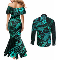 Polynesian Turtle Valentine Couples Matching Mermaid Dress and Long Sleeve Button Shirt You And Me Turquoise Hibiscus Heart LT01 - Polynesian Pride