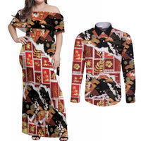Hawaii Japanese Culture Black Couples Matching Off Shoulder Maxi Dress and Long Sleeve Button Shirt Spring Cranes Aloha Pattern