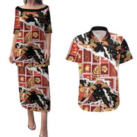 Hawaii Japanese Culture Black Couples Matching Puletasi and Hawaiian Shirt Spring Cranes Aloha Pattern