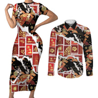 Hawaii Japanese Culture Black Couples Matching Short Sleeve Bodycon Dress and Long Sleeve Button Shirt Spring Cranes Aloha Pattern