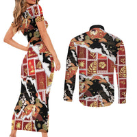 Hawaii Japanese Culture Black Couples Matching Short Sleeve Bodycon Dress and Long Sleeve Button Shirt Spring Cranes Aloha Pattern
