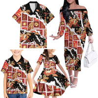 Hawaii Japanese Culture Black Family Matching Off The Shoulder Long Sleeve Dress and Hawaiian Shirt Spring Cranes Aloha Pattern LT01 - Polynesian Pride