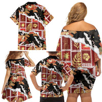 Hawaii Japanese Culture Black Family Matching Off Shoulder Short Dress and Hawaiian Shirt Spring Cranes Aloha Pattern
