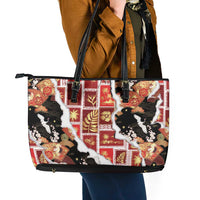 Hawaii Japanese Culture Black Leather Tote Bag Spring Cranes Aloha Pattern