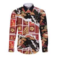 Hawaii Japanese Culture Black Long Sleeve Button Shirt Spring Cranes Aloha Pattern
