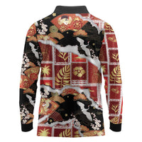 Hawaii Japanese Culture Black Long Sleeve Polo Shirt Spring Cranes Aloha Pattern