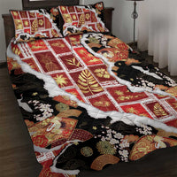 Hawaii Japanese Culture Black Quilt Bed Set Spring Cranes Aloha Pattern