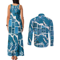 Hawaii Japanese Culture Blue Couples Matching Tank Maxi Dress and Long Sleeve Button Shirt Spring Cranes Aloha Pattern