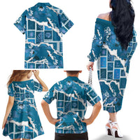 Hawaii Japanese Culture Blue Family Matching Off The Shoulder Long Sleeve Dress and Hawaiian Shirt Spring Cranes Aloha Pattern LT01 - Polynesian Pride