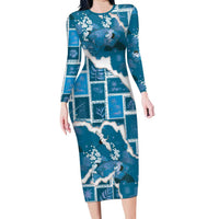 Hawaii Japanese Culture Blue Long Sleeve Bodycon Dress Spring Cranes Aloha Pattern