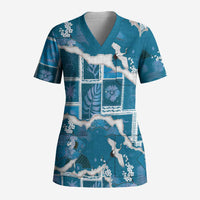 Hawaii Japanese Culture Blue Scrub Top Spring Cranes Aloha Pattern