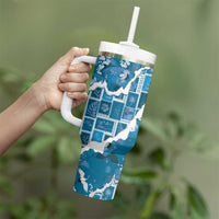 Hawaii Japanese Culture Blue Tumbler With Handle Spring Cranes Aloha Pattern