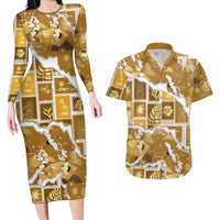 Hawaii Japanese Culture Gold Couples Matching Long Sleeve Bodycon Dress and Hawaiian Shirt Spring Cranes Aloha Pattern