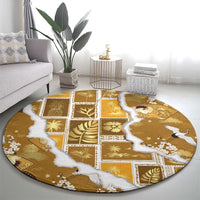 Hawaii Japanese Culture Gold Round Carpet Spring Cranes Aloha Pattern
