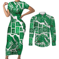 Hawaii Japanese Culture Green Couples Matching Short Sleeve Bodycon Dress and Long Sleeve Button Shirt Spring Cranes Aloha Pattern