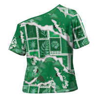 Hawaii Japanese Culture Green Cross Shoulder Shirt Spring Cranes Aloha Pattern
