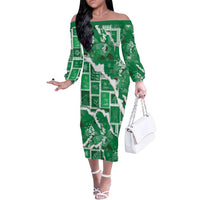 Hawaii Japanese Culture Green Family Matching Off The Shoulder Long Sleeve Dress and Hawaiian Shirt Spring Cranes Aloha Pattern LT01 Mom's Dress Green - Polynesian Pride