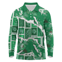 Hawaii Japanese Culture Green Long Sleeve Polo Shirt Spring Cranes Aloha Pattern