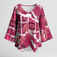 Hawaii Japanese Culture Pink Kimono Sleeve Blouse Spring Cranes Aloha Pattern