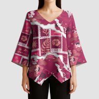 Hawaii Japanese Culture Pink Kimono Sleeve Blouse Spring Cranes Aloha Pattern