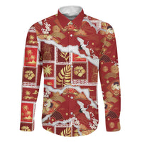 Hawaii Japanese Culture Red Family Matching Long Sleeve Bodycon Dress and Hawaiian Shirt Spring Cranes Aloha Pattern LT01 Dad's Shirt - Long Sleeve Red - Polynesian Pride