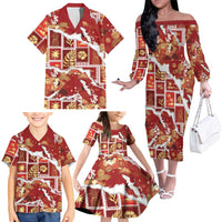 Hawaii Japanese Culture Red Family Matching Off The Shoulder Long Sleeve Dress and Hawaiian Shirt Spring Cranes Aloha Pattern LT01 - Polynesian Pride
