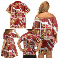 Hawaii Japanese Culture Red Family Matching Off Shoulder Short Dress and Hawaiian Shirt Spring Cranes Aloha Pattern
