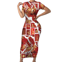 Hawaii Japanese Culture Red Short Sleeve Bodycon Dress Spring Cranes Aloha Pattern