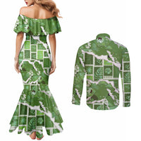 Hawaii Japanese Culture Sage Green Couples Matching Mermaid Dress and Long Sleeve Button Shirt Spring Cranes Aloha Pattern
