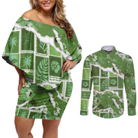 Hawaii Japanese Culture Sage Green Couples Matching Off Shoulder Short Dress and Long Sleeve Button Shirt Spring Cranes Aloha Pattern