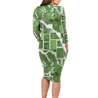 Hawaii Japanese Culture Sage Green Long Sleeve Bodycon Dress Spring Cranes Aloha Pattern