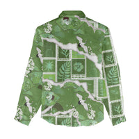 Hawaii Japanese Culture Sage Green Women Casual Shirt Spring Cranes Aloha Pattern