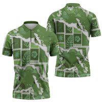 Hawaii Japanese Culture Sage Green Zipper Polo Shirt Spring Cranes Aloha Pattern