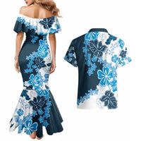 Blue Hibiscus Plumeria Floral Couples Matching Mermaid Dress and Hawaiian Shirt - Polynesian Pride