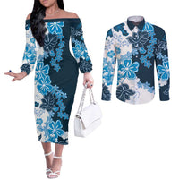 Blue Hibiscus Plumeria Floral Couples Matching Off The Shoulder Long Sleeve Dress and Long Sleeve Button Shirt - Polynesian Pride