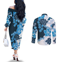 Blue Hibiscus Plumeria Floral Couples Matching Off The Shoulder Long Sleeve Dress and Long Sleeve Button Shirt - Polynesian Pride