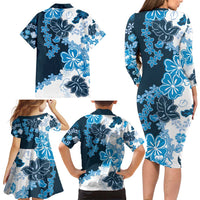 Blue Hibiscus Plumeria Floral Family Matching Long Sleeve Bodycon Dress and Hawaiian Shirt LT01 - Polynesian Pride