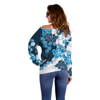Blue Hibiscus Plumeria Floral Off Shoulder Sweater - Polynesian Pride