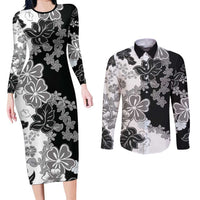 Gray Scale Hibiscus Plumeria Floral Couples Matching Long Sleeve Bodycon Dress and Long Sleeve Button Shirt - Polynesian Pride