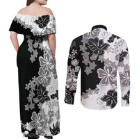 Gray Scale Hibiscus Plumeria Floral Couples Matching Off Shoulder Maxi Dress and Long Sleeve Button Shirt - Polynesian Pride
