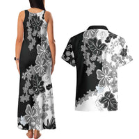 Gray Scale Hibiscus Plumeria Floral Couples Matching Tank Maxi Dress and Hawaiian Shirt - Polynesian Pride