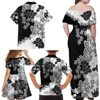 Gray Scale Hibiscus Plumeria Floral Family Matching Off Shoulder Maxi Dress and Hawaiian Shirt LT01 - Polynesian Pride