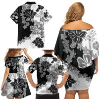Gray Scale Hibiscus Plumeria Floral Family Matching Off Shoulder Short Dress and Hawaiian Shirt - Polynesian Pride