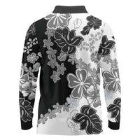 Gray Scale Hibiscus Plumeria Floral Long Sleeve Polo Shirt - Polynesian Pride