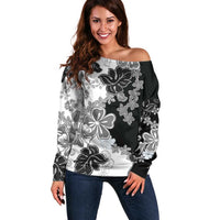 Gray Scale Hibiscus Plumeria Floral Off Shoulder Sweater LT01 Women Black - Polynesian Pride