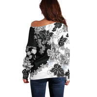 Gray Scale Hibiscus Plumeria Floral Off Shoulder Sweater LT01 - Polynesian Pride
