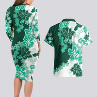Green Hibiscus Plumeria Floral Couples Matching Long Sleeve Bodycon Dress and Hawaiian Shirt - Polynesian Pride