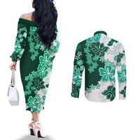 Green Hibiscus Plumeria Floral Couples Matching Off The Shoulder Long Sleeve Dress and Long Sleeve Button Shirt - Polynesian Pride
