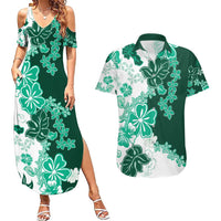 Green Hibiscus Plumeria Floral Couples Matching Summer Maxi Dress and Hawaiian Shirt - Polynesian Pride